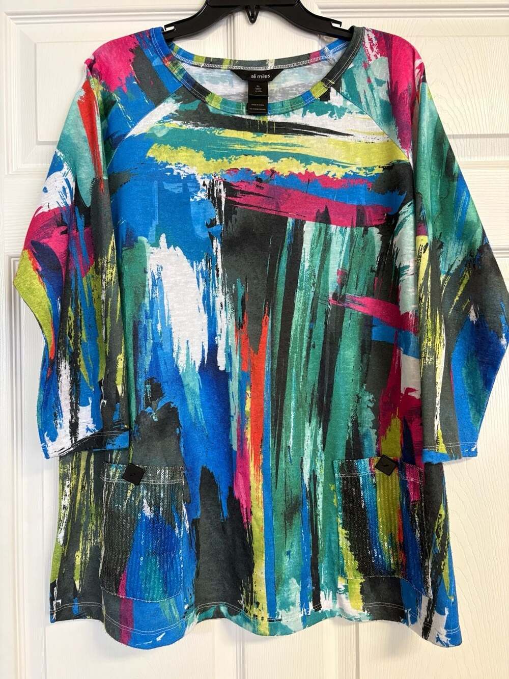 Ali Miles Abstract Art, Boho Chic Sequin Pocket Tunic Top Size XL